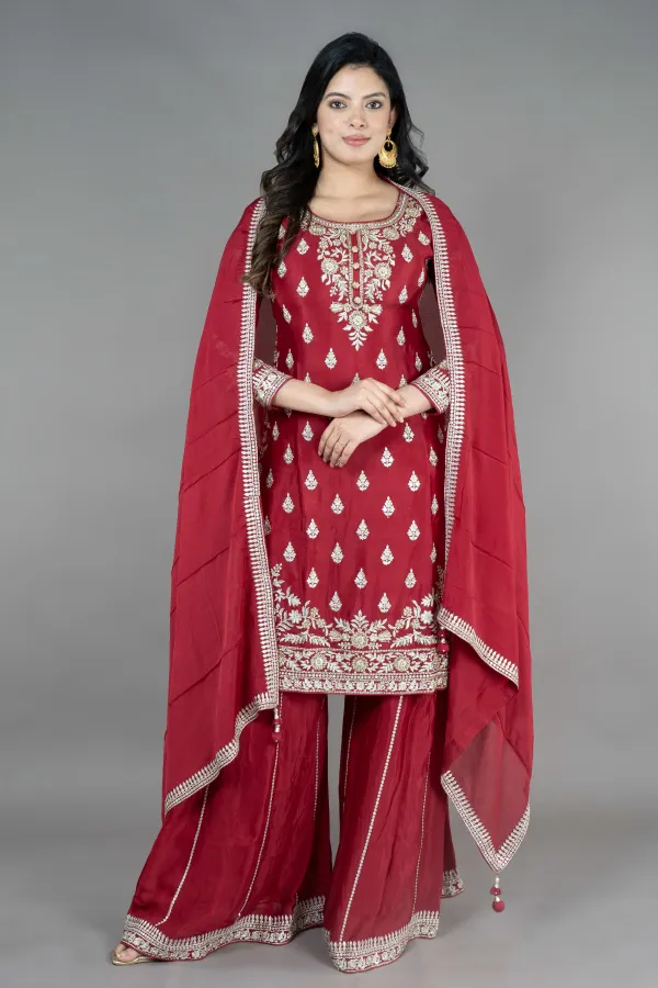 Maroon Straight Suit With Palazzo Pant